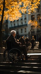 Obraz premium A serene moment as an elderly man in a wheelchair pauses to savor the vibrant autumn foliage amidst a bustling city atmosphere