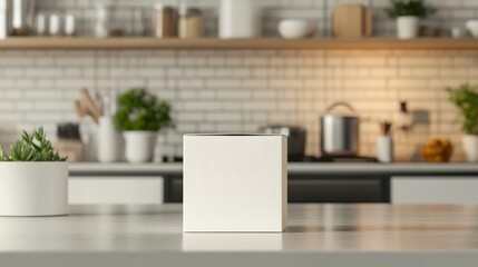 Blank white box on kitchen counter.