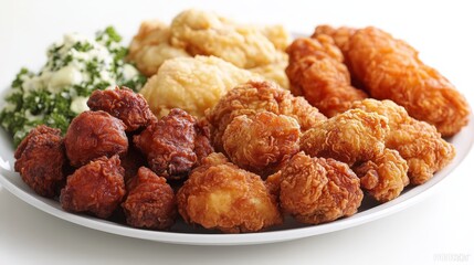 A platter of assorted fried chicken pieces with sides.