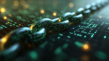 Interconnected links shine amidst a vibrant digital landscape filled with data streams