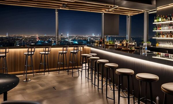 Night cityscape view from a rooftop bar with high stools and a long counter.
