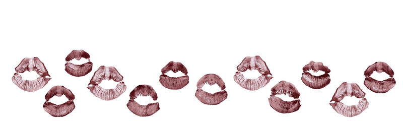 Colorful kisses, lips prints with brown lipstick. Border festive for Valentine's Day. Ideal for wrapping gifts and textiles, bed linen. Pink-brown palette. White background