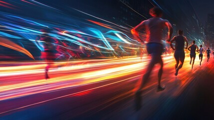 Runners racing at night in a city with light trails.