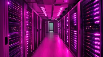 Fototapeta premium Pink-lit server room with rows of data storage racks.