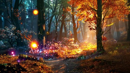 A vibrant forest scene with autumn foliage and glowing orbs, evoking a magical atmosphere. - Powered by Adobe