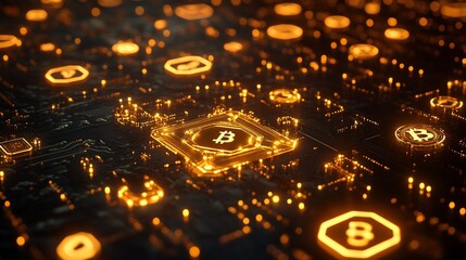 Obraz premium Abstract circuit board with glowing bitcoin symbols.