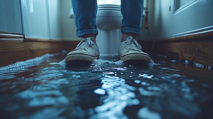 A person stands in soggy shoes, looking at the flooded hallway from a damaged bathroom