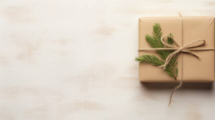 Christmas gifts banner with copy space. Christmas gift boxes in natural colors on light neutral background