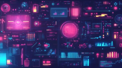 Obraz premium Futuristic digital interface with glowing neon graphs and charts.