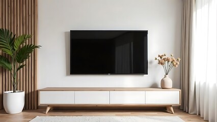 modern living room. TV screen mockup in Scandinavian style apartment 