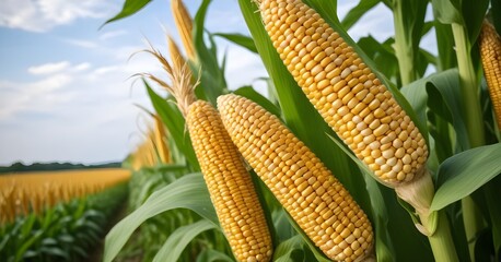 Ripe yellow corn cobs growing on stalks with green leaves in a field