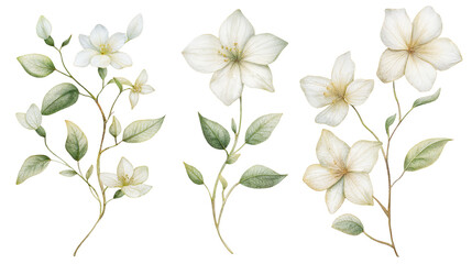 Fototapeta premium Delicate White Flowers and Green Leaves Arranged in a Soft Watercolor Style Showcasing Nature’s Beauty and Tranquility in Botanical Art