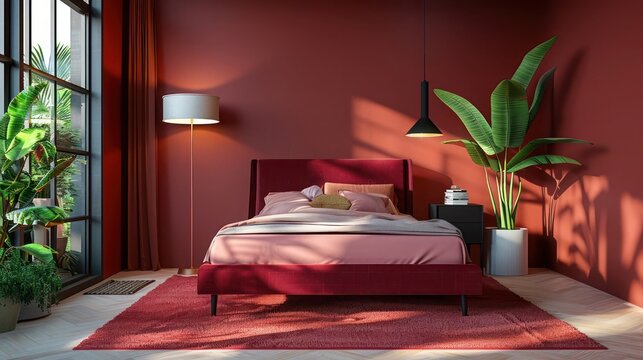 Minimalist bedroom with berry red walls, maroon bed frame, coral arza rug, and modern floor lamp in spacious loft