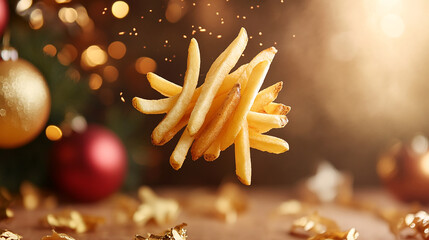 Close-up of levitating french fries on a festive background for modern snack food promotions