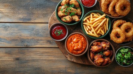 A platter of assorted snacks including wings, fries, onion rings, and sauces.