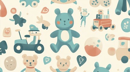 Obraz premium Kids will love this adorable design featuring a variety of cute cartoon toys against a cheerful backdrop.