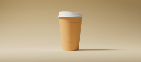 Minimalist Craft Blank Paper Coffee Cup with holder centered on a beige background. Takeaway paper coffee cup 3d render illustration