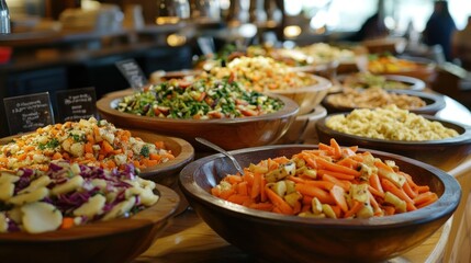 Obraz premium A vibrant buffet featuring various fresh salads and vegetables in wooden bowls.
