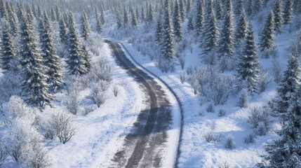 A serene winter scene unfolds with a winding road meandering through tall, snow-draped trees. The landscape glistens under the gentle embrace of early morning light, evoking tranquility