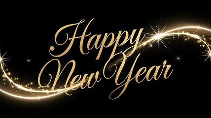 Sleek and Elegant New Year Greeting with Golden Cursive Text, Sparkles, and Light Trails on Black Background