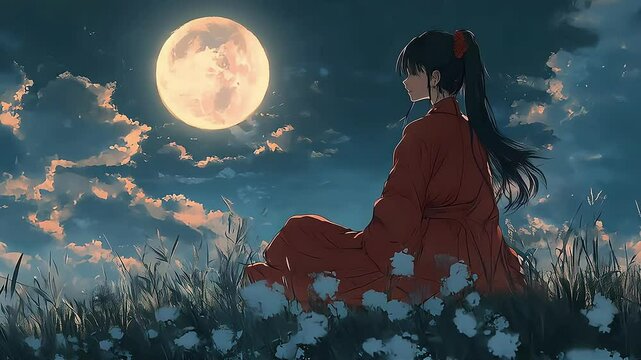 A serene young Asian woman in a red kimono, gazing at the full moon amidst clouds.