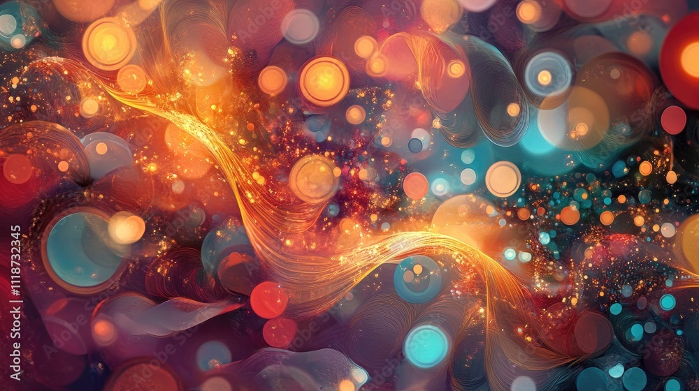 Wall mural vibrant abstract art with swirling lights and colorful bokeh effects.