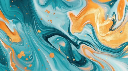 Vibrant abstract artwork featuring swirling teal and orange patterns with shimmering gold accents.
