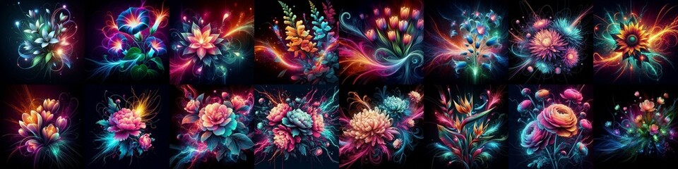 Flowers blending neon and plasma. AI generated illustration