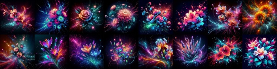 Flowers blending neon and plasma. AI generated illustration