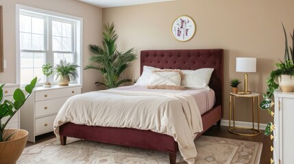 Minimalist bedroom with beige walls, maroon bed, brass side table, white dresser, and potted plants in suburban home