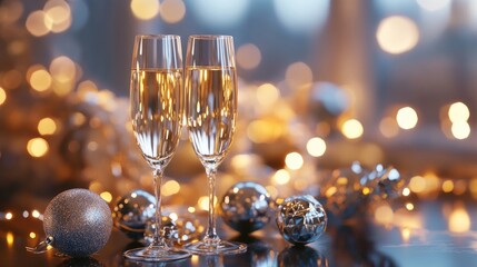 Two champagne flutes amid festive holiday lights and decorations, creating an elegant and celebratory atmosphere.