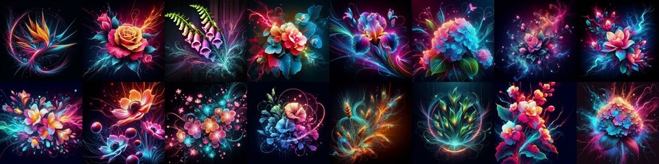 Flowers blending neon and plasma. AI generated illustration