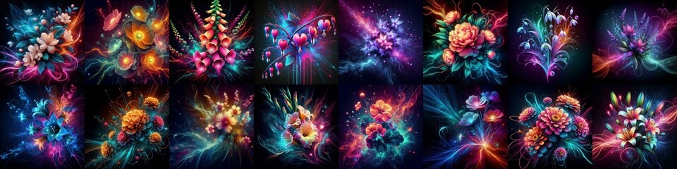Flowers blending neon and plasma. AI generated illustration