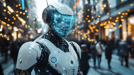 Fototapeta premium Futuristic robot in a city street.