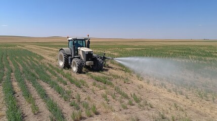 Joyful water spray from a center-mounted sprinkler nourishes vibrant green crops under a sunny sky, celebrating the spring harvest