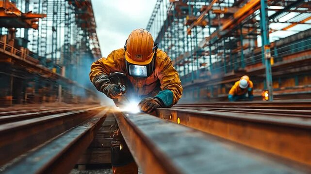 Industrial workers welding steel tracks at construction site in 4K resolution