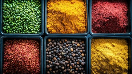 A vibrant display of various spices and herbs in containers, showcasing culinary diversity.