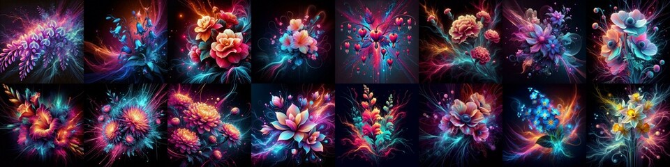 Flowers blending neon and plasma. AI generated illustration