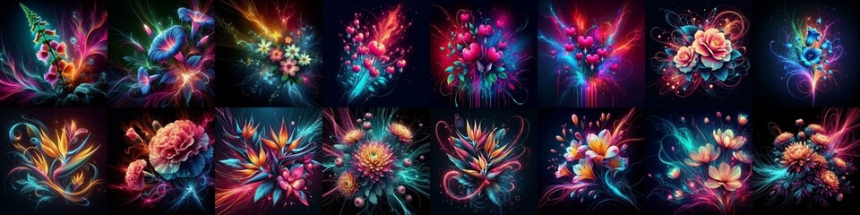Flowers blending neon and plasma. AI generated illustration