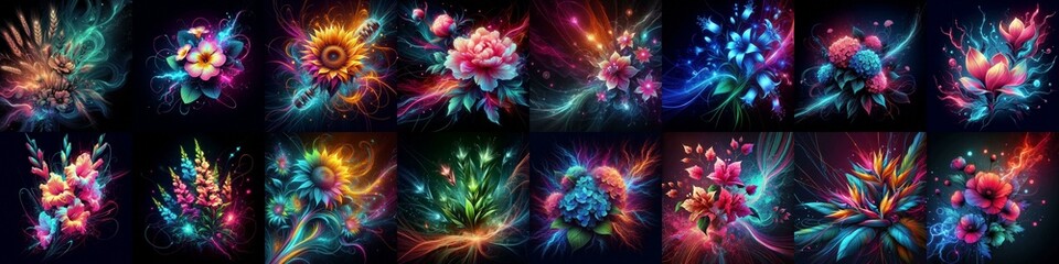 Flowers blending neon and plasma. AI generated illustration