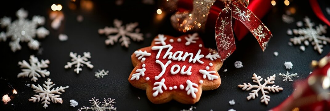A charming red gingerbread cookie written with 'Thank You', embellished with festive decorations and enhanced by glowing light bokeh.