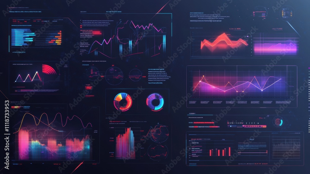Poster a futuristic data visualization dashboard displaying various graphs and metrics.
