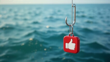 Creative representation of social media engagement. A red "Like" icon hangs on a fishing hook against a serene ocean background, symbolizing online interaction, marketing, and digital strategies.