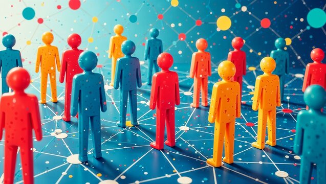 Abstract Representation of Social Networks with Colorful Figures Connected by Data Lines and Spheres