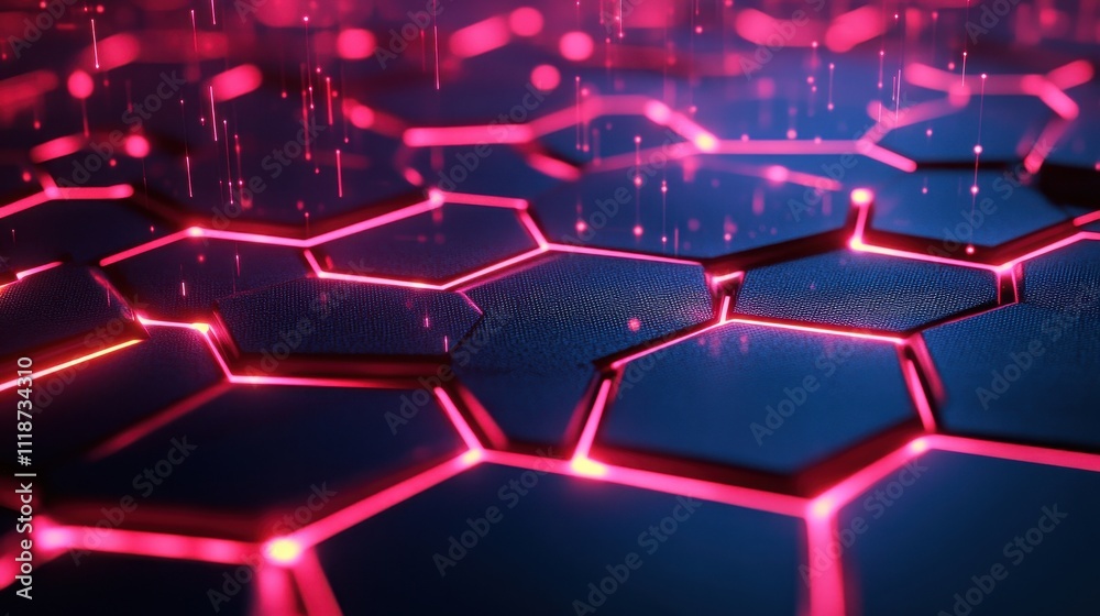 Poster a futuristic hexagonal pattern with glowing edges and rain-like effects.