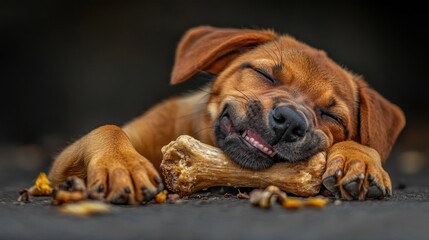 Fototapeta premium A happy puppy sleeps contentedly with a bone, showcasing joy and relaxation.