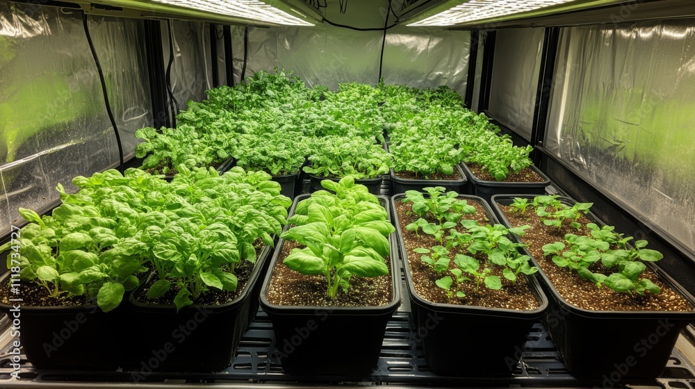 Aufkleber rows of healthy seedlings flourish in pots, illuminated by grow lights in a greenhouse. this control