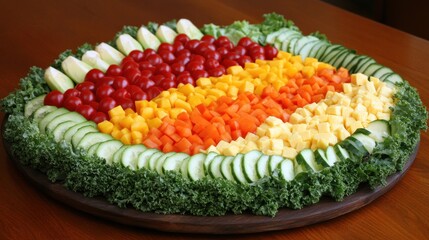 A vibrant fruit and vegetable platter arranged in colorful sections for a healthy snack.