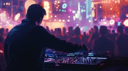 A DJ mixing music at a New Year’s Eve party, with a crowd dancing and lights flashing  