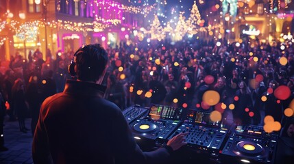 A DJ mixing music at a New Year’s Eve party, with a crowd dancing and lights flashing

